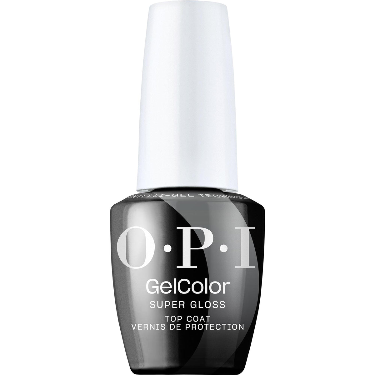 OPI GelColor Super Gloss Top Coat bottle close-up showing long-lasting, brilliant shine