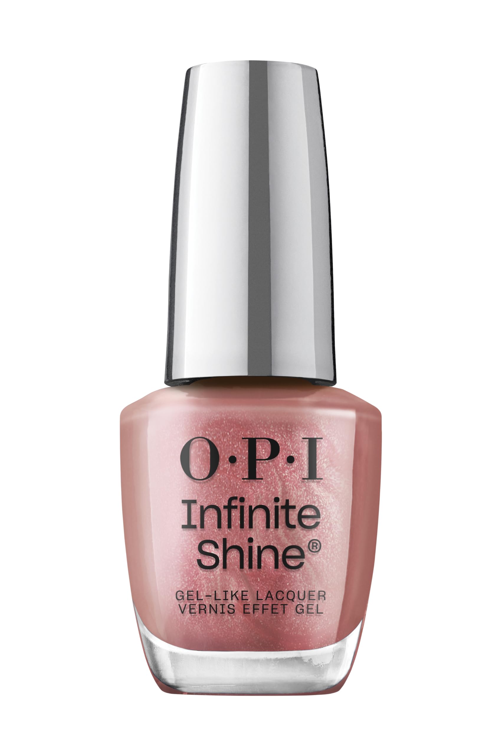 OPI Infinite Shine Chicago Champaign Toast, botella rosado oscuro perlado, acabado duradero.