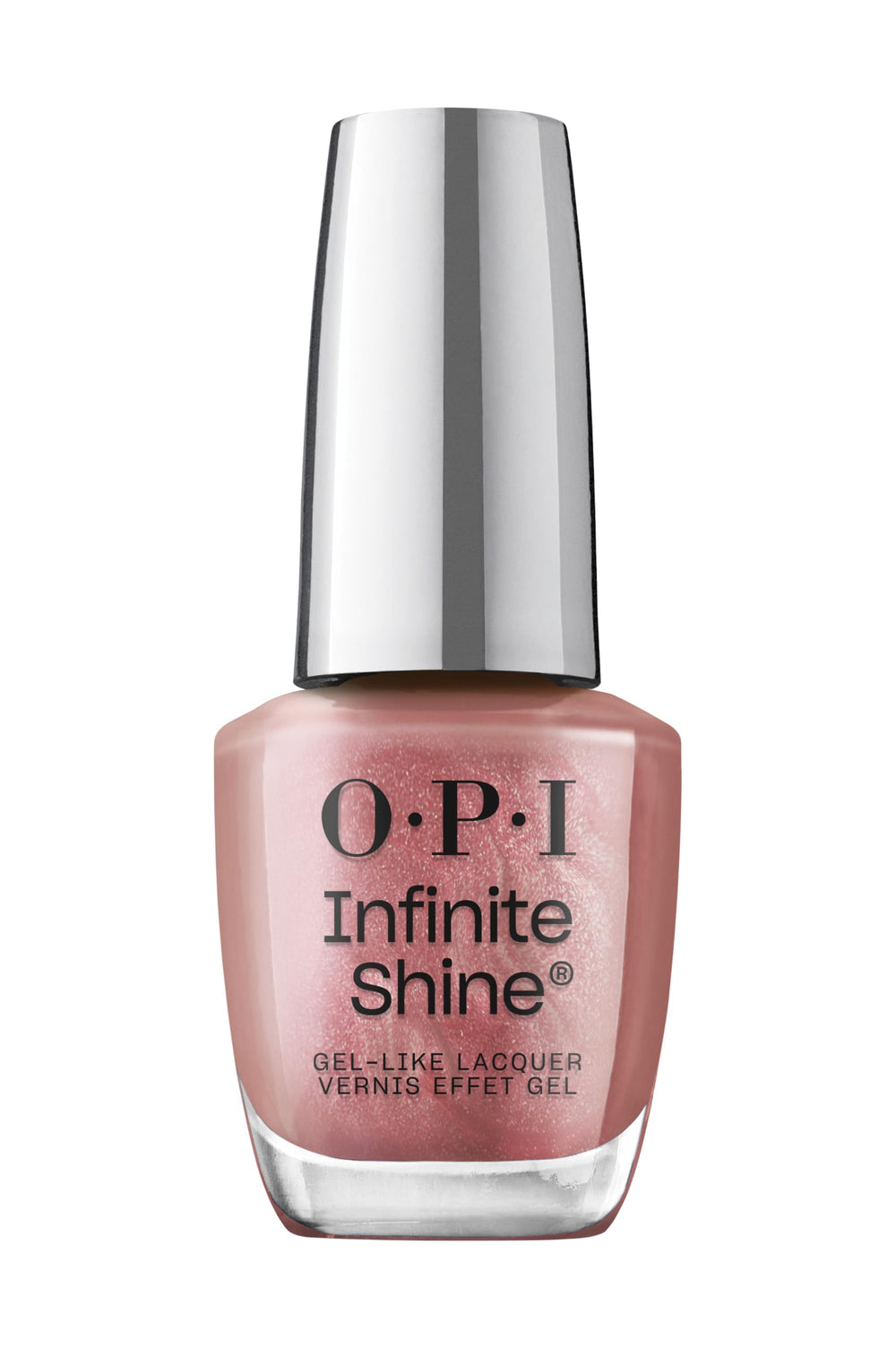 OPI Infinite Shine Chicago Champaign Toast, botella rosado oscuro perlado, acabado duradero.