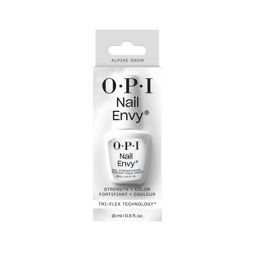 OPI Nail Envy Alpine Snow bottle conveys vegan formula and protection for nails.