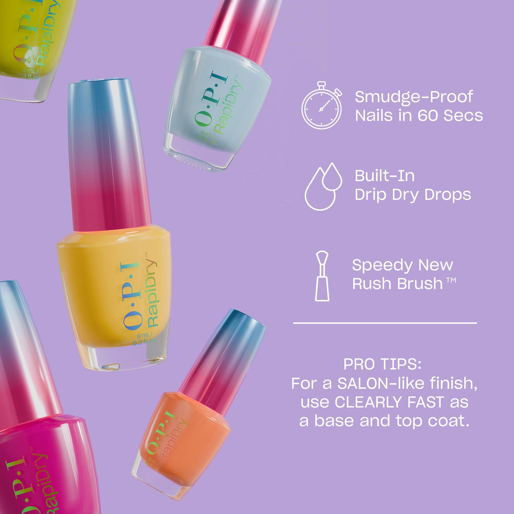 OPI RapiDry aplicación fácil en dos capas para color uniforme.