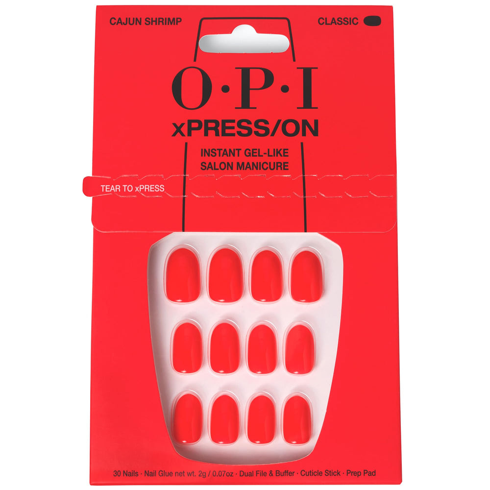 OPI xPRESS/ON Cajun Shrimp: uñas listas con color coral para un look inmediato.