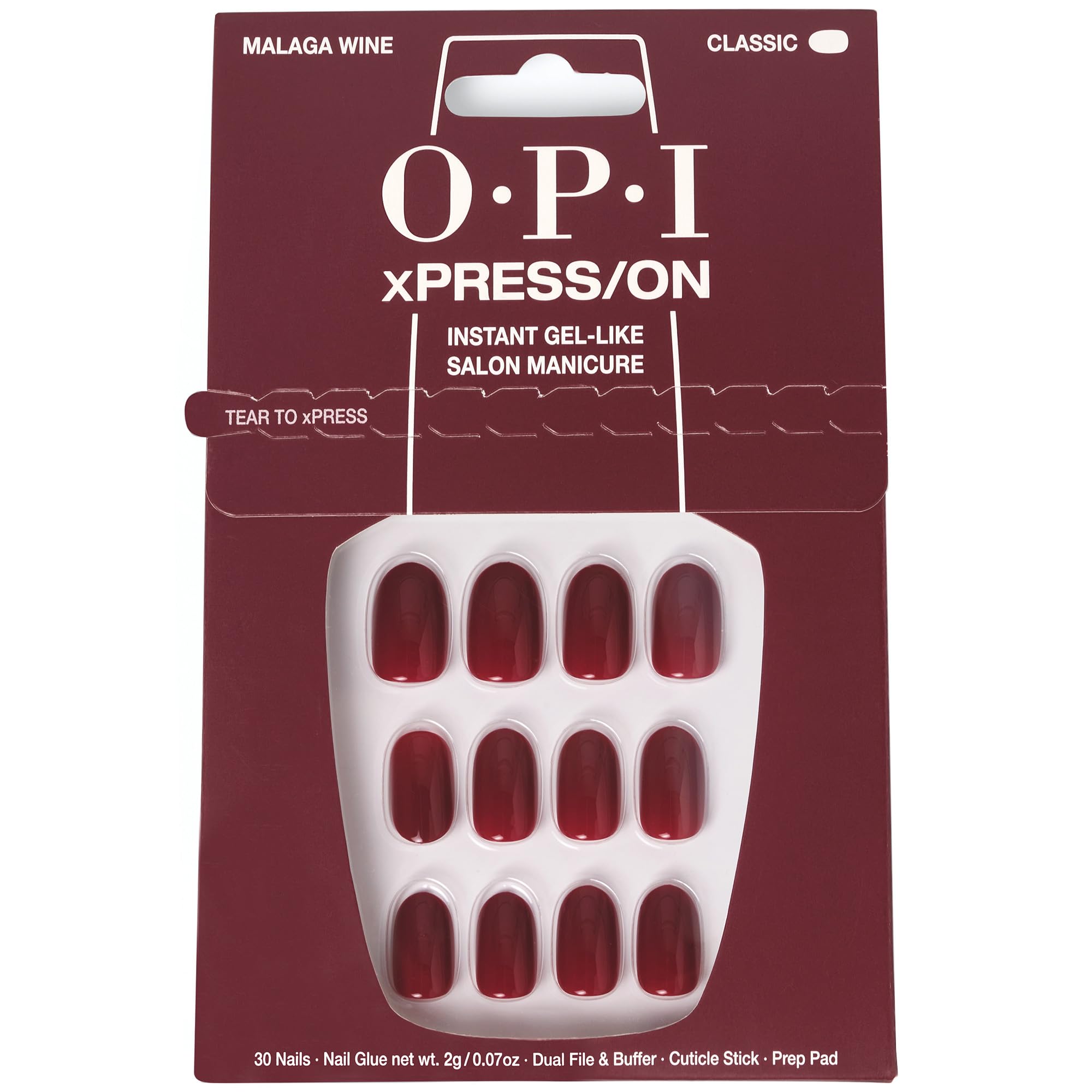 OPI xPRESS/ON Malaga Wine, uñas cortas rojas, duración de hasta 14 días