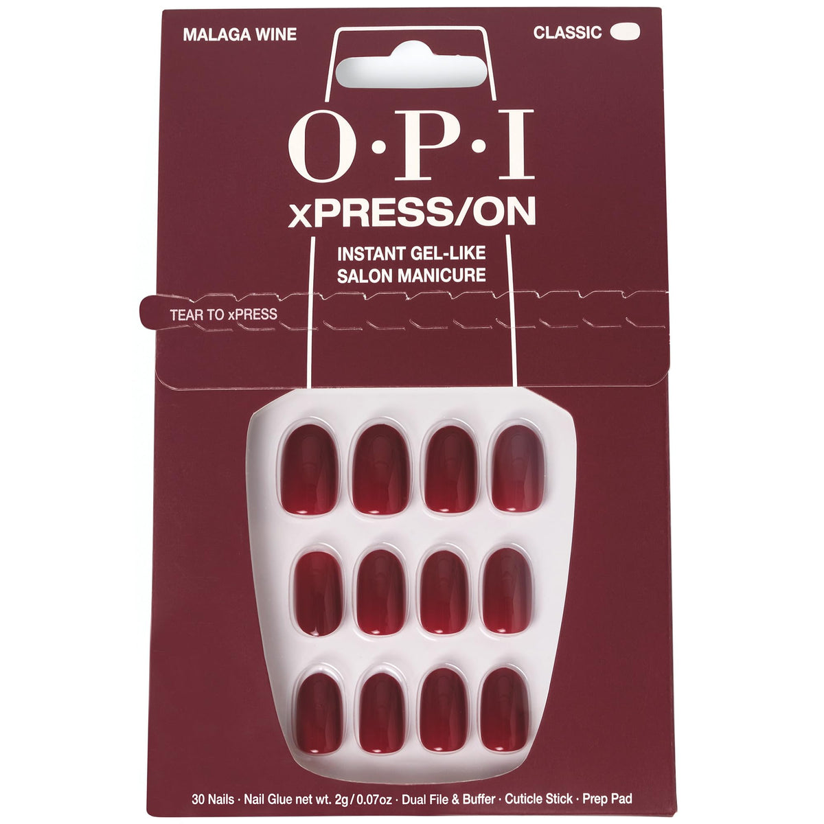 OPI xPRESS/ON Malaga Wine, uñas cortas rojas, duración de hasta 14 días