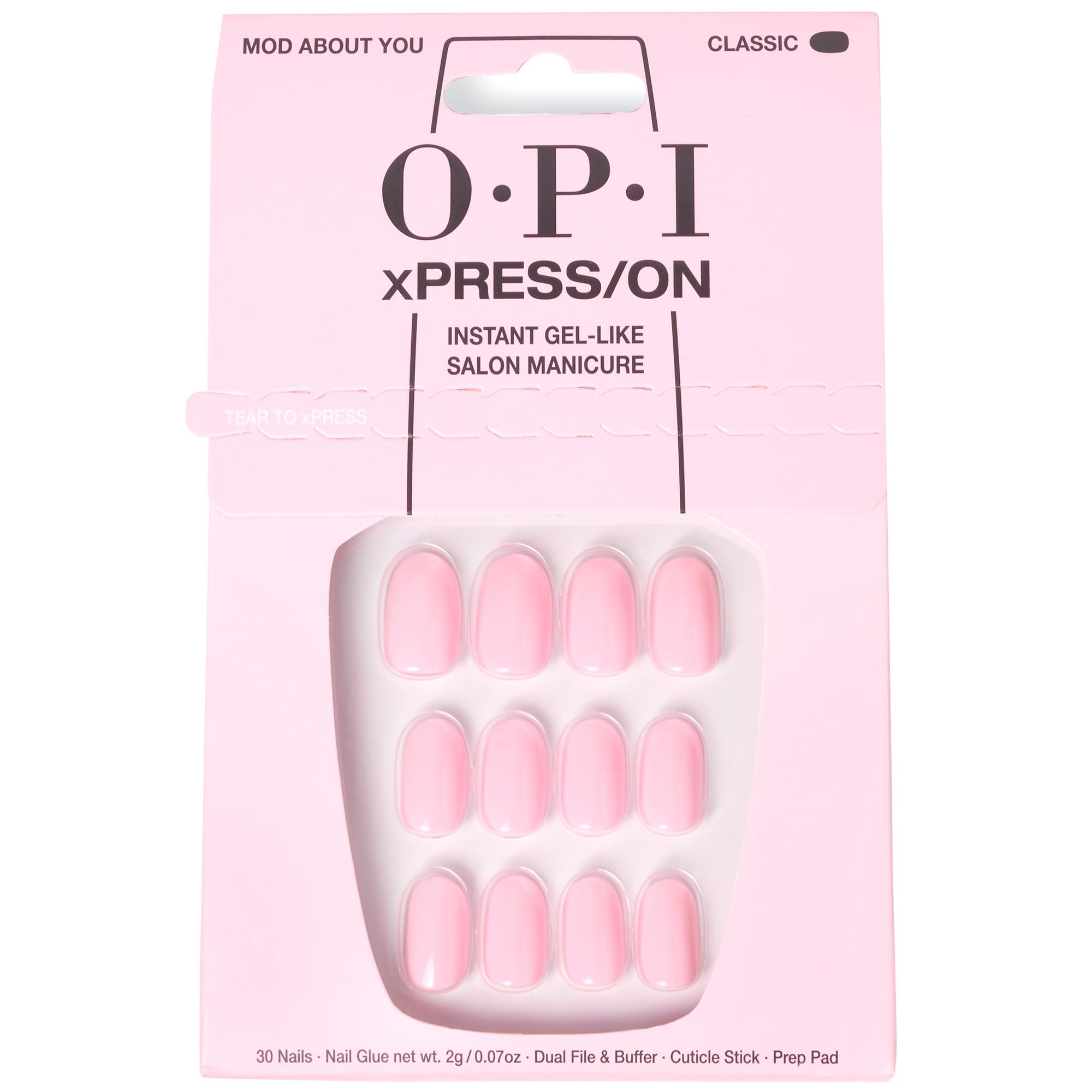 OPI xPRESS/ON Mod About You, uñas rosas claras redondas para estilo suave y diario.
