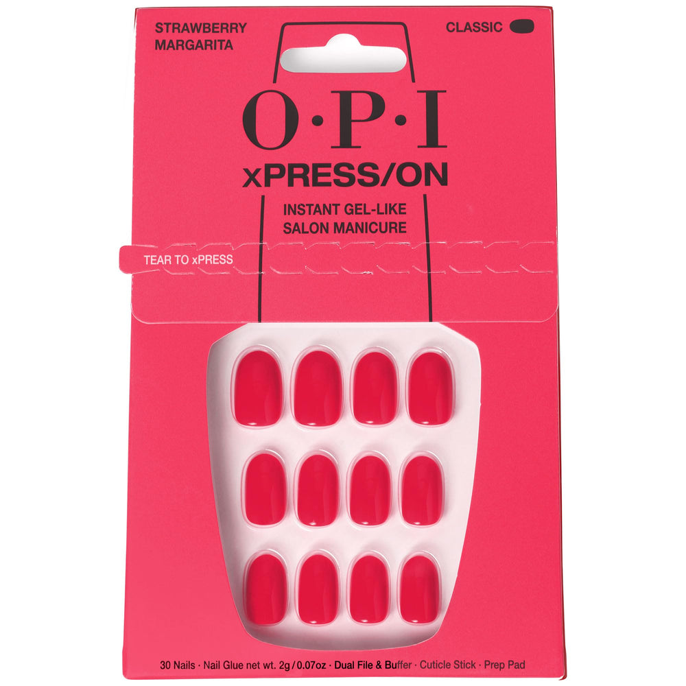 OPI xPRESS/ON Strawberry Margarita puntas cortas redondas rosa brillante para uñas uniformes
