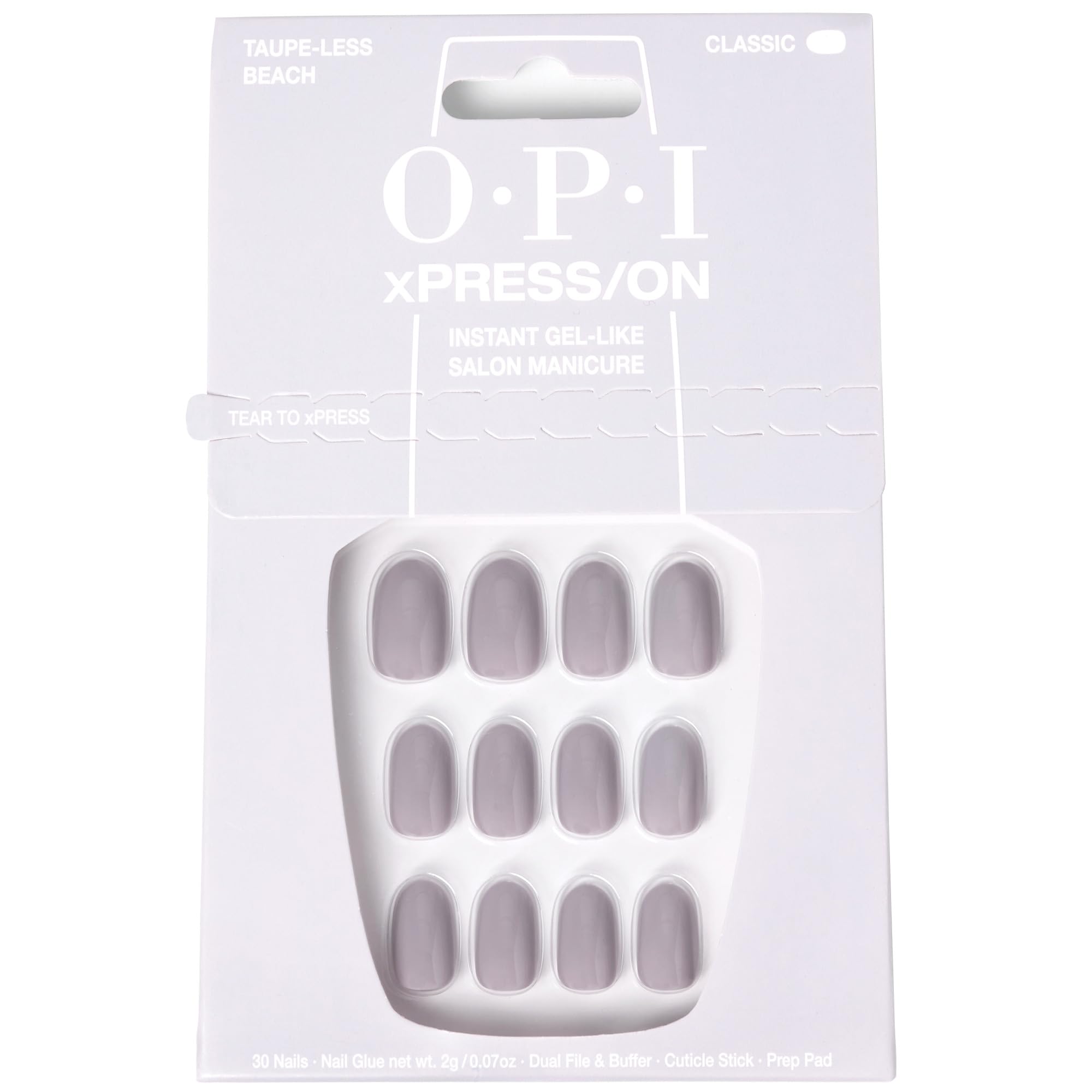OPI xPRESS/ON Taupe-less Beach, uñas cortas redondas en gris neutro para uso diario