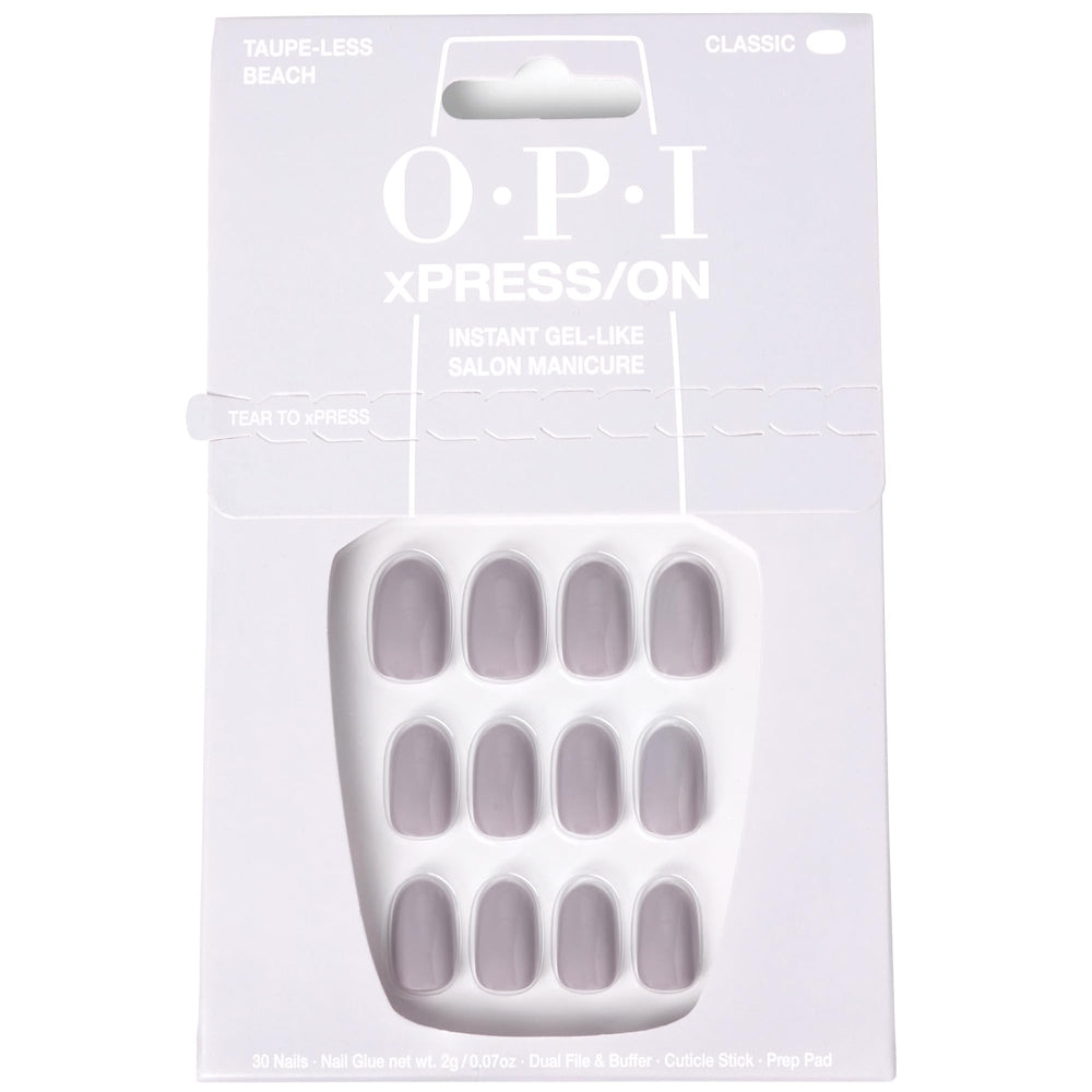 OPI xPRESS/ON Taupe-less Beach, uñas cortas redondas en gris neutro para uso diario