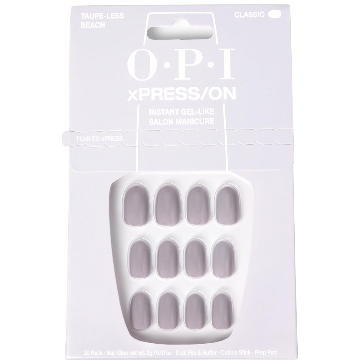 OPI xPRESS/ON Taupe-less Beach, uñas cortas redondas en gris neutro para uso diario