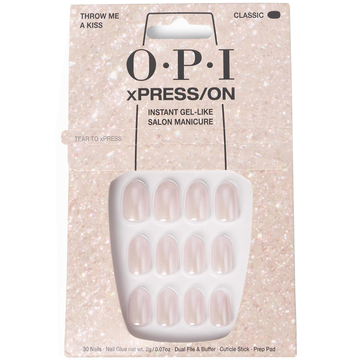 OPI xPRESS/ON Throw Me a Kiss, rosado iridiscente, uñas cortas redondas para manicura rápida y duradera.