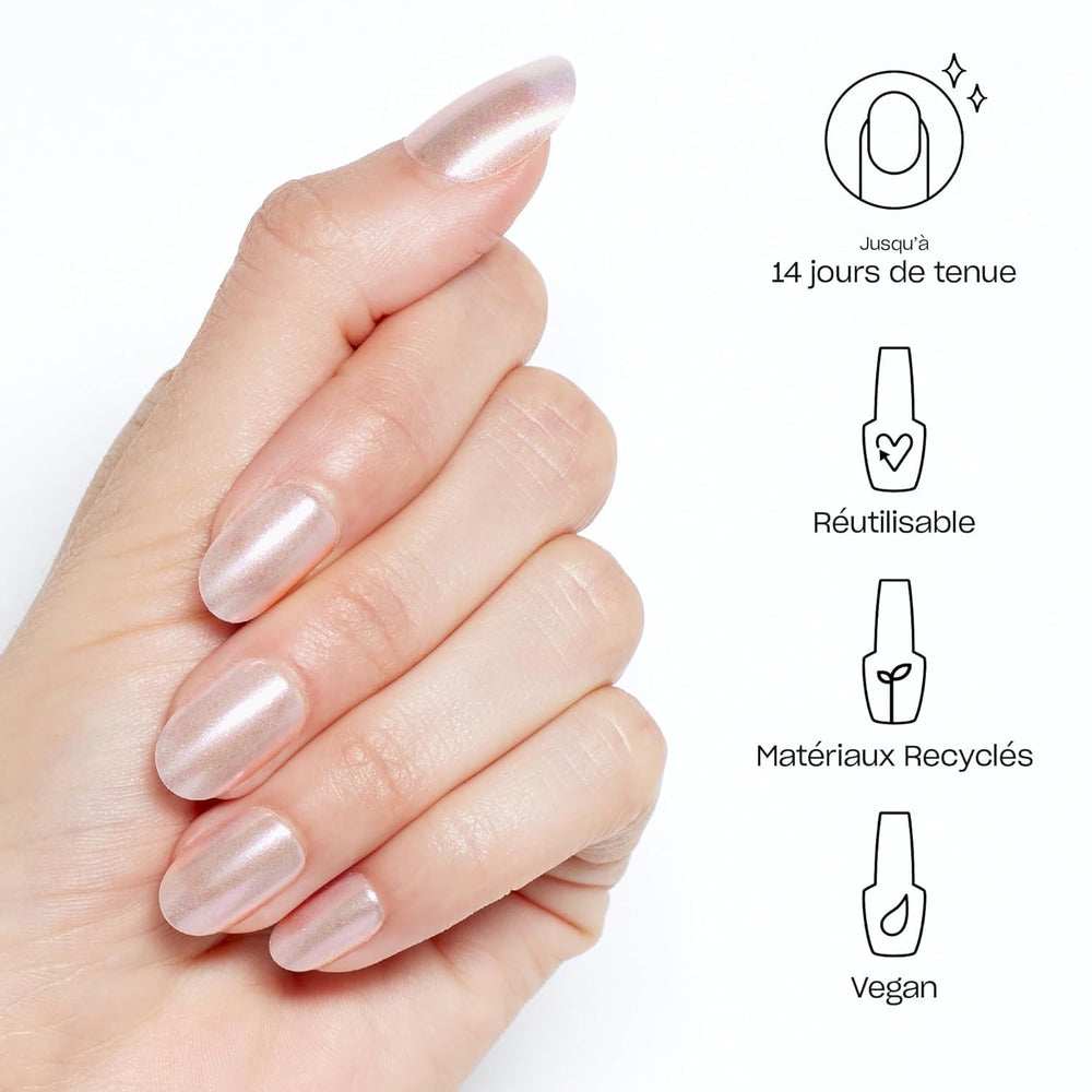 OPI xPRESS/ON, rosado iridiscente, ideal para retoques rápidos en casa sin complicaciones.