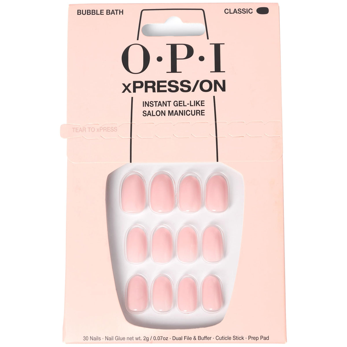 OPI xPRESS/ON, uñas postizas cortas redondas en rosa claro para uso diario.