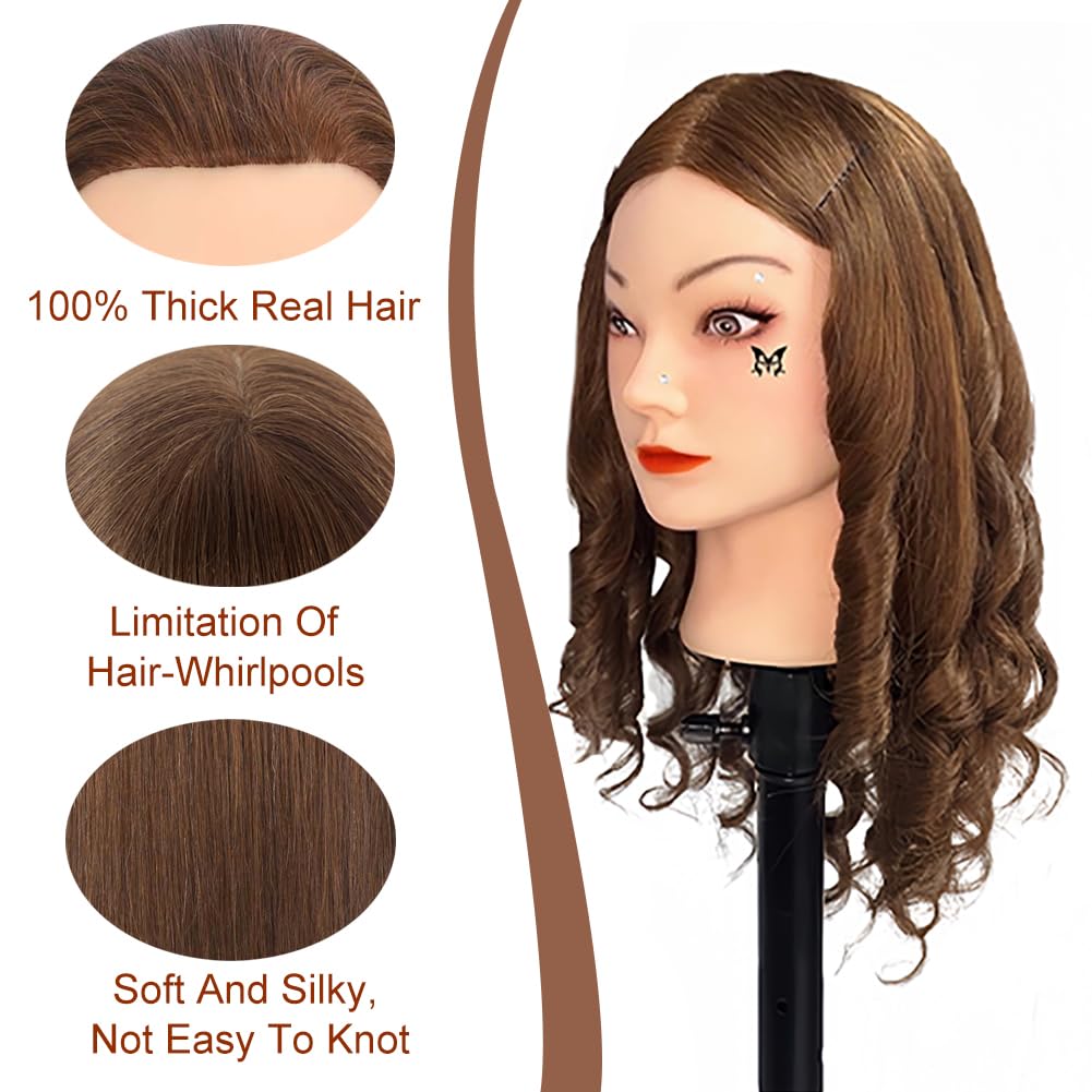Opini brown-haired mannequin head shows 22–24 inch overall length for long-hair techniques.