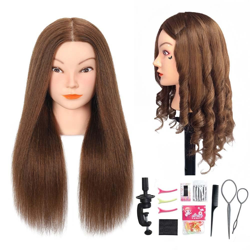 Opini real-hair mannequin head with 180% density for styling practice.