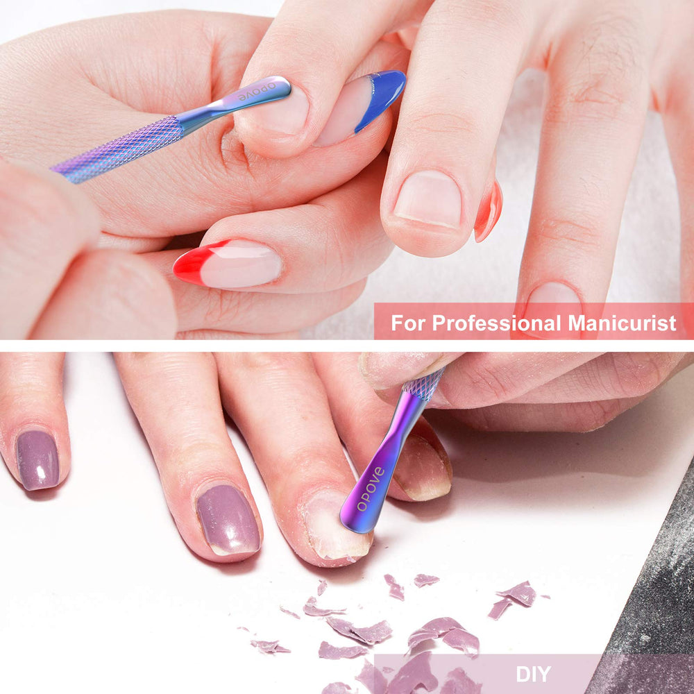 Opove P1 flat end gently pushes back cuticles for clean nail prep.