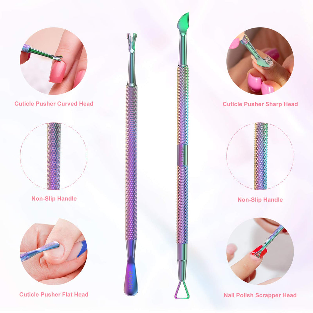 Opove P1 pointed end reaches nail corners to push down cuticles.