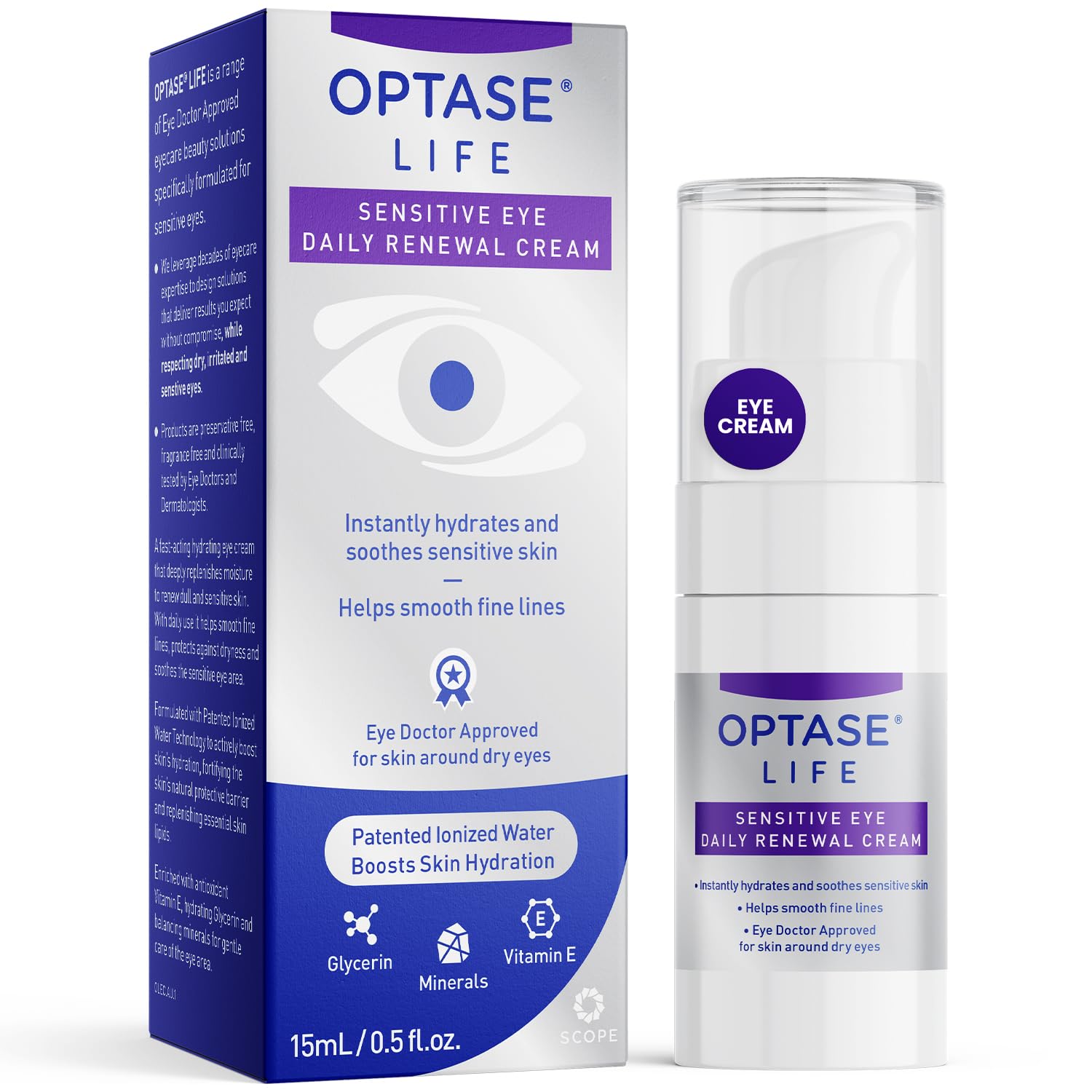 Optase LIFE crema hidratante para contorno de ojos, hidratación suave para piel sensible.