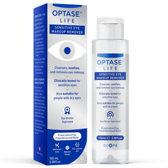 Optase Life desmaquillante ojos frasco frontal: cuidado suave para ojos sensibles, uso diario.