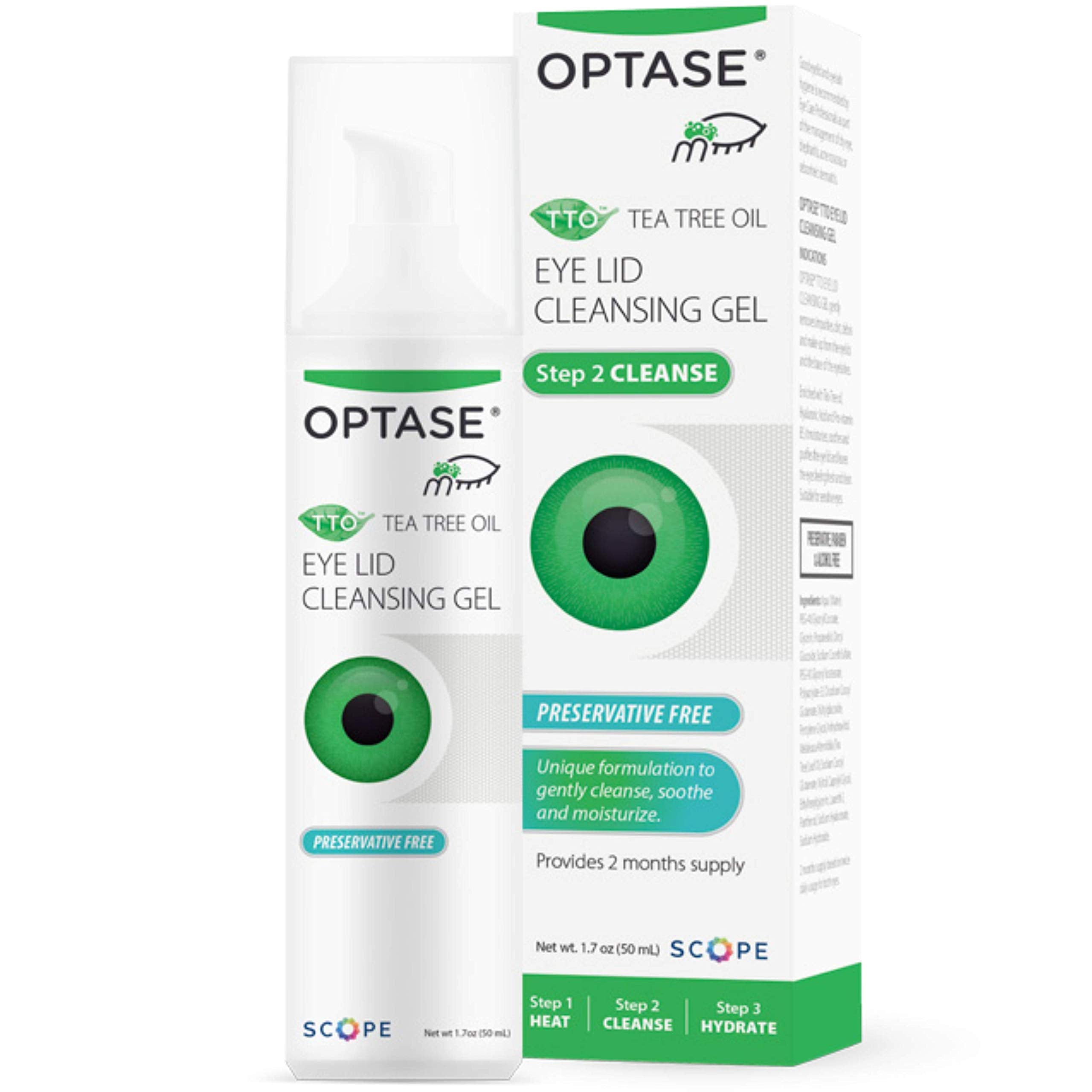 Optase TTO Eyelid Cleansing Gel bottle pour demonstrates simple daily cleansing with tea tree oil.