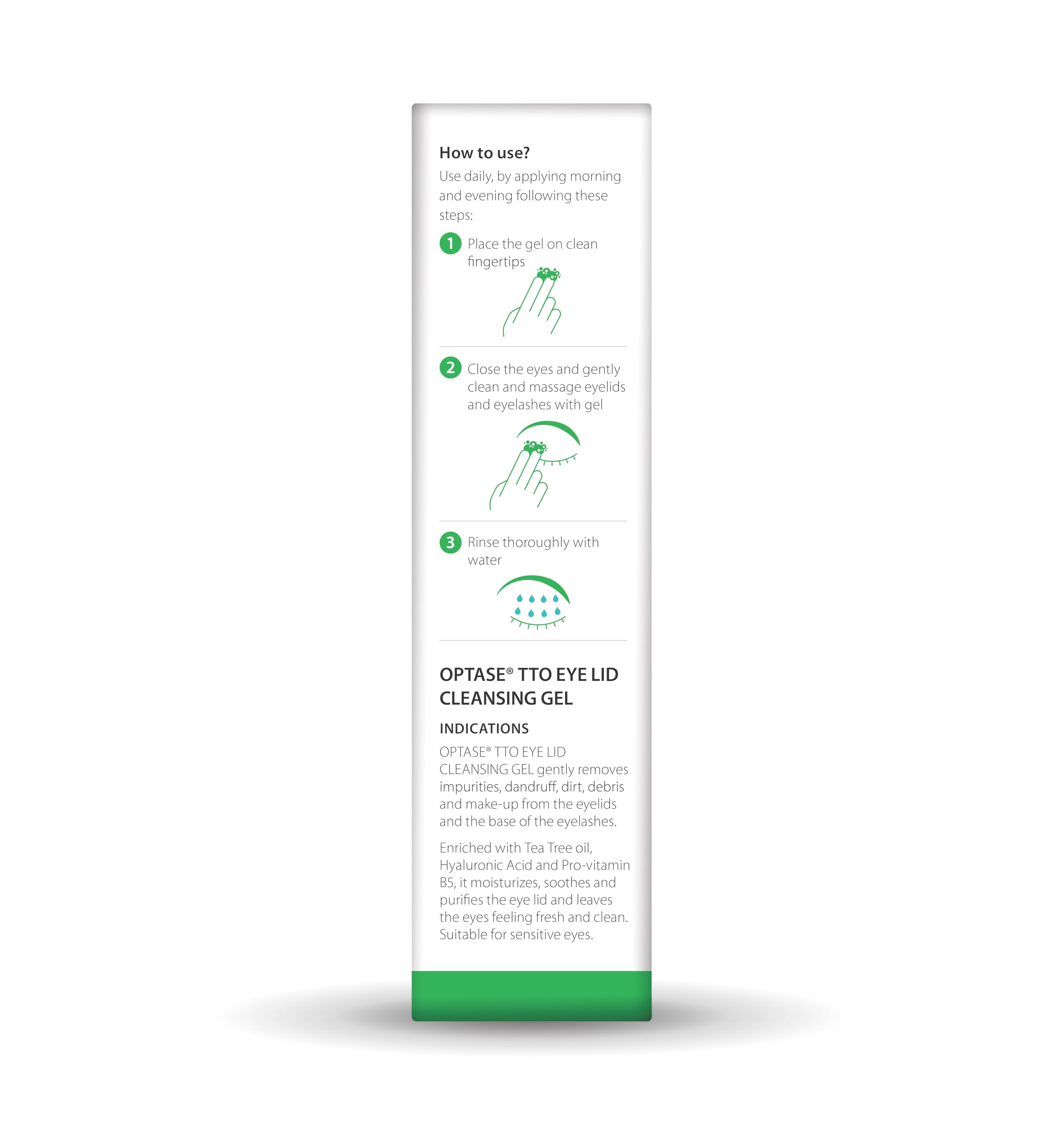 Optase TTO Eyelid Cleansing Gel tea tree oil focus highlights natural cleansing for eye area.