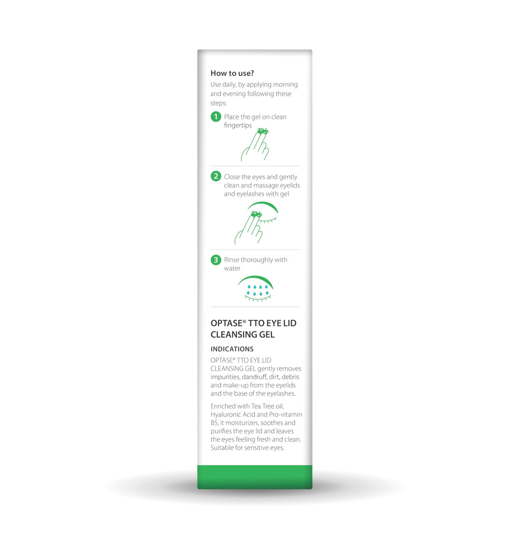 Optase TTO Eyelid Cleansing Gel tea tree oil focus highlights natural cleansing for eye area.