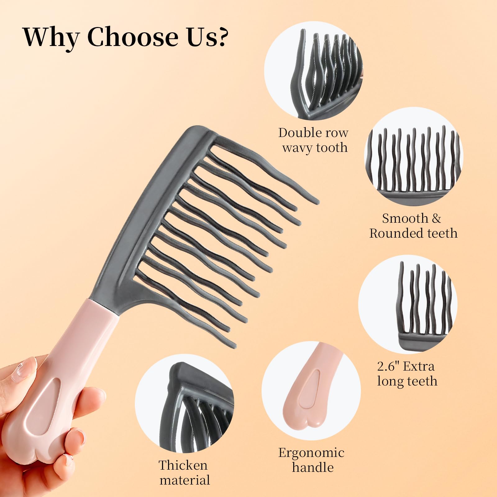 Optisake two-row teeth detangler gliding through thick hair