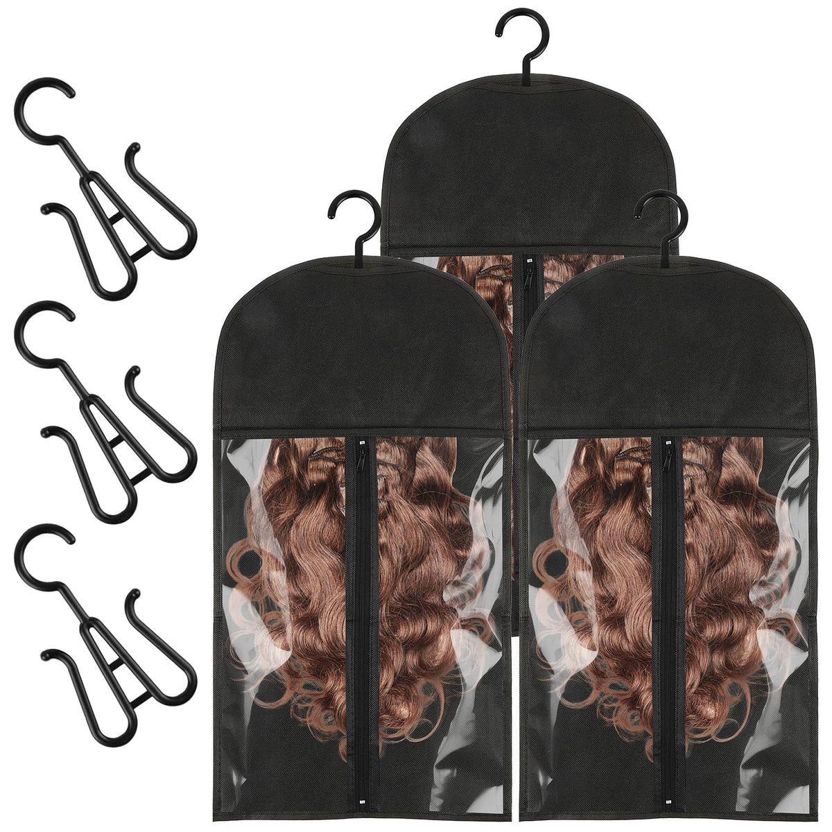 Opvixi wig storage bag with hanger pack shows tidy organization for multiple wigs.