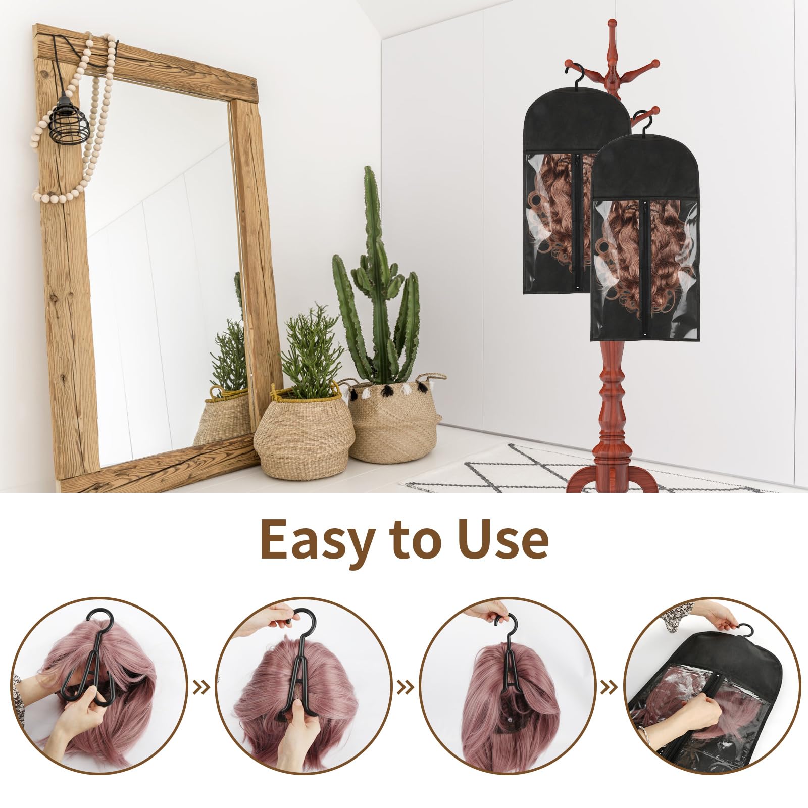 Opvixi wig storage hooks help air-dry and organize in a closet.