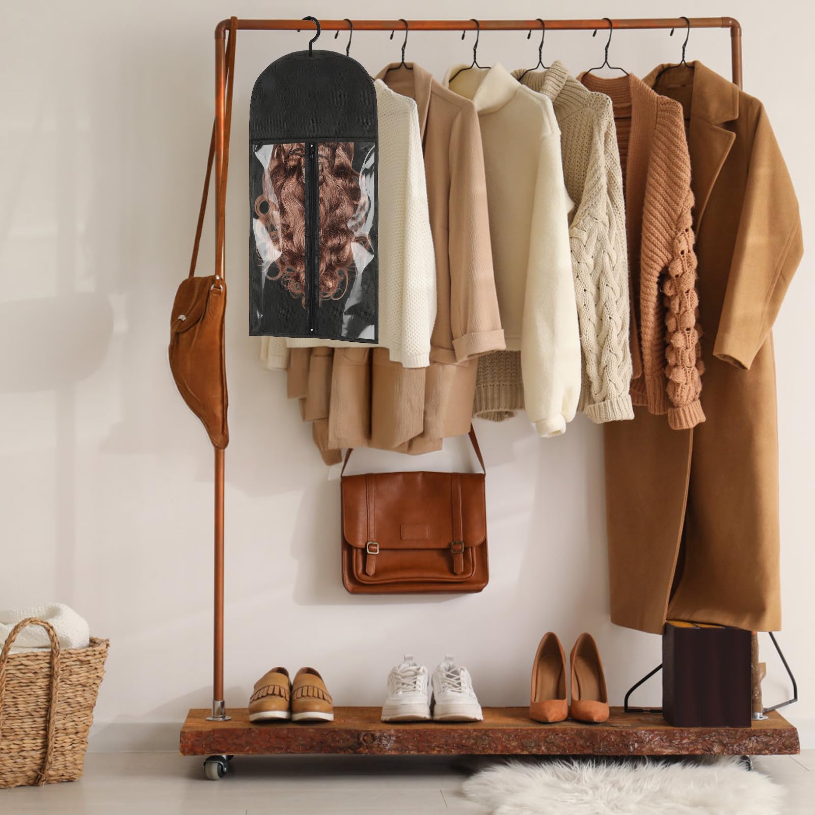 Opvixi space-saving design keeps wigs hanging neatly behind doors.
