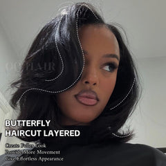 OQ Hair Layered Cut Wig with face-framing bangs for versatile styling.