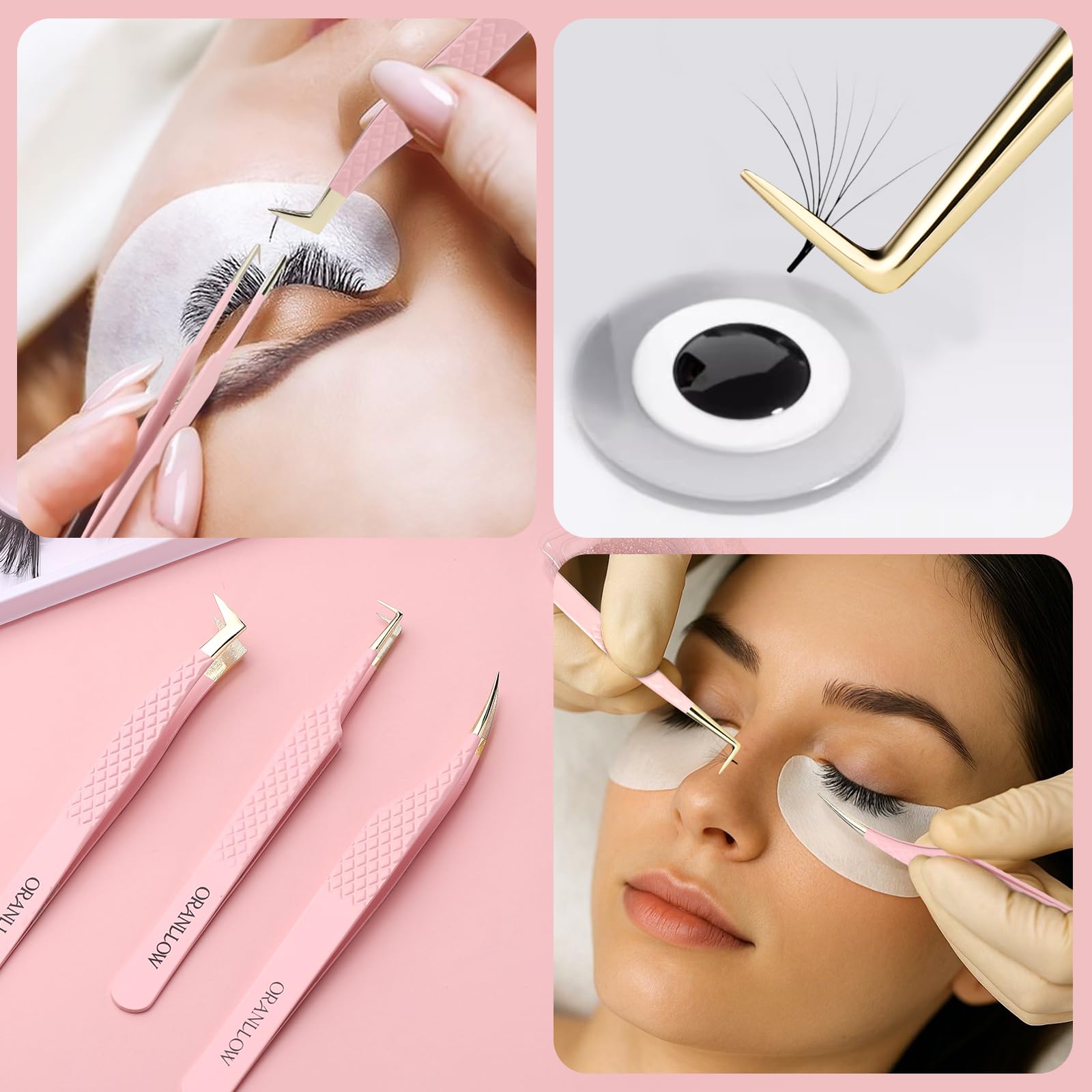Oranllow lash tweezers in use during careful extension application