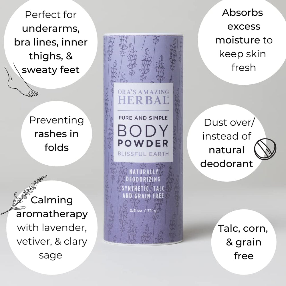 Foot powder from Ora’s Blissful Earth adds comfortable, breathable protection.