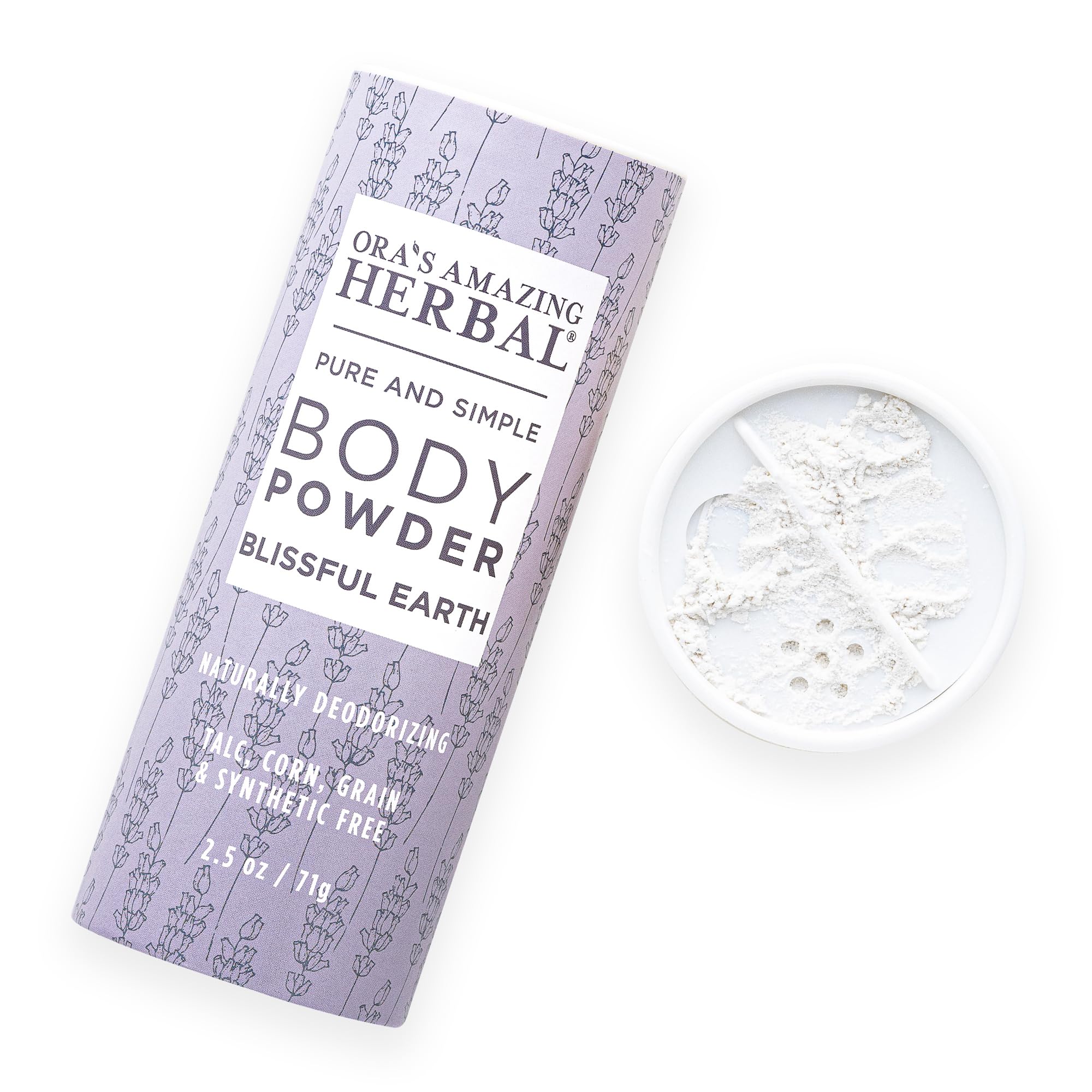 Ora’s Amazing Herbal Blissful Earth lavender powder for quick refresh and odor control.