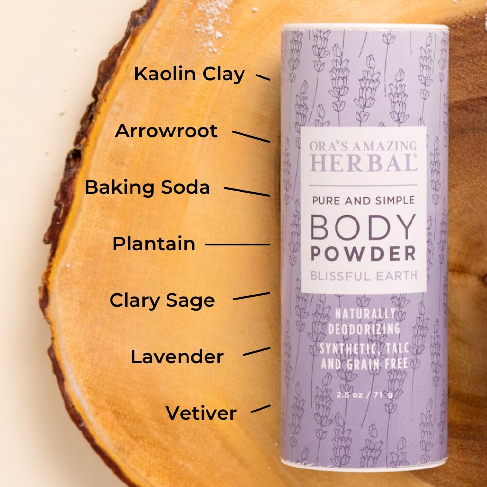 Ora’s Amazing Herbal Blissful Earth vetiver powder offers calm scent and daily dryness.