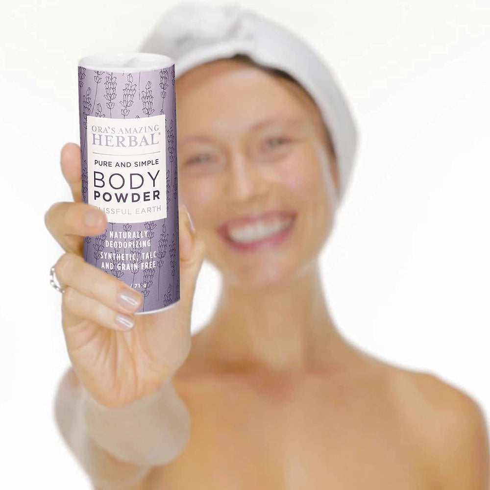 Ora’s Blissful Earth talc-free powder supports gentle skin care and hygiene.