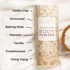 Ingredients closeup of Ora's Amazing Herbal Body Powder: arrowroot and kaolin clay