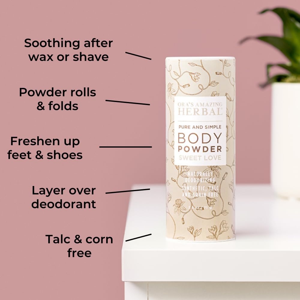 Texture closeup of Ora's Amazing Herbal Body Powder with arrowroot and kaolin