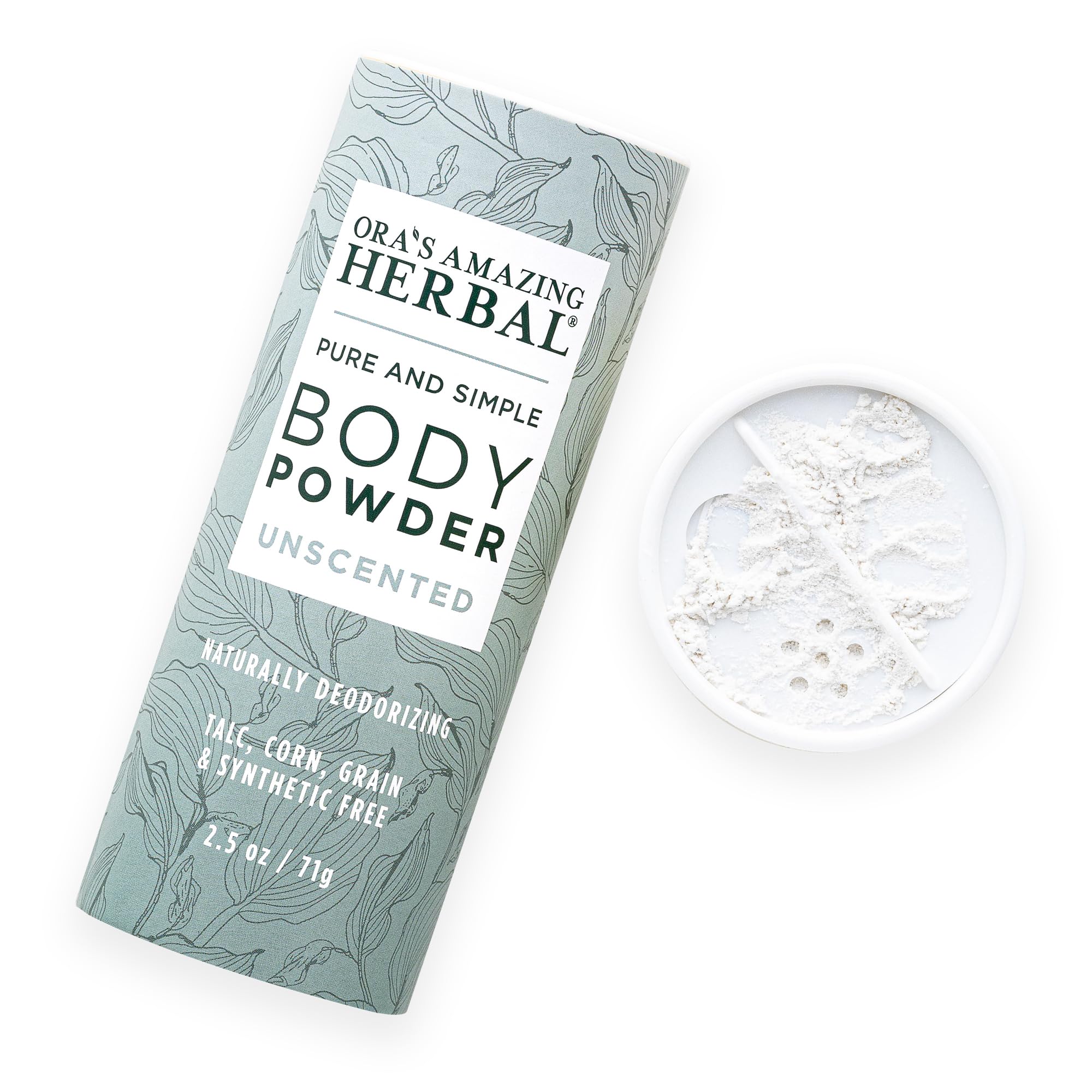 Ora's Amazing Herbal polvo corporal sin fragancia, ideal para piel sensible.