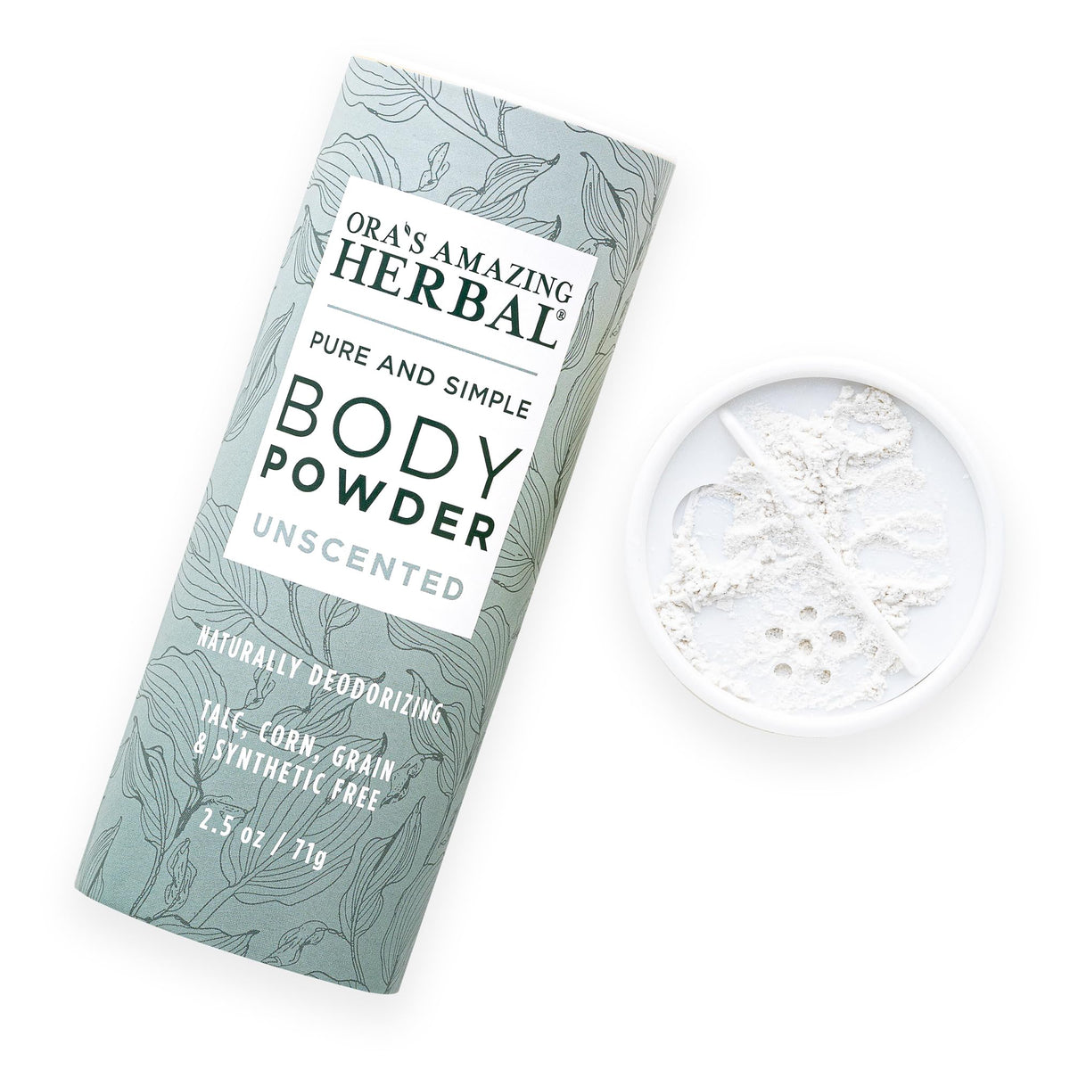 Ora's Amazing Herbal polvo corporal sin fragancia, ideal para piel sensible.