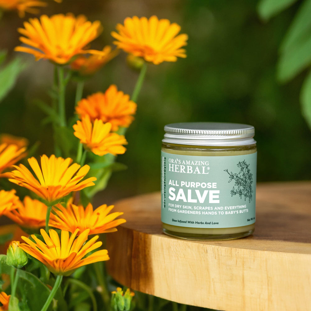 Ora's Amazing Herbal glass jar packaging highlights plastic-free sustainability.