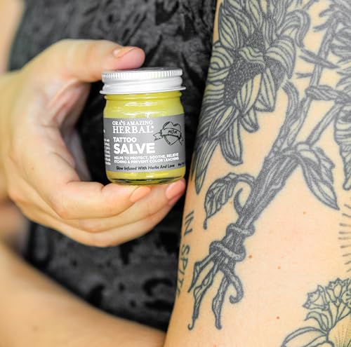 Ora's Amazing Herbal Tattoo Salve bottle back with plastic-free packaging and nutrients