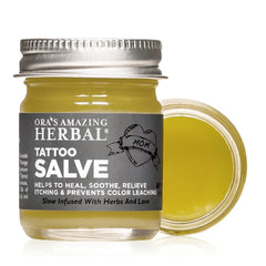 Ora's Amazing Herbal Tattoo Salve bottle front, soothing moisture for healing new tattoos