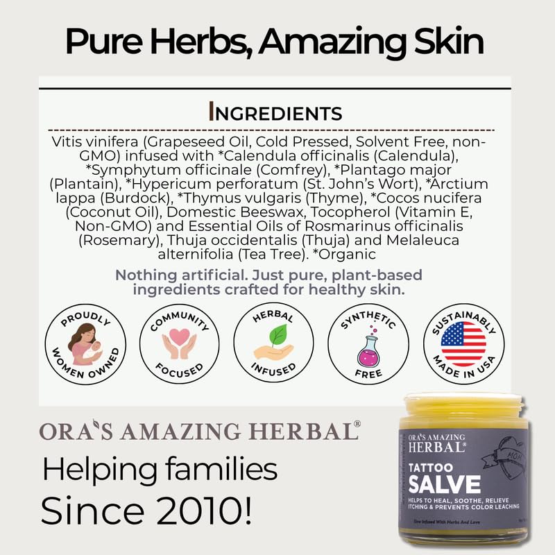 Ingredients panel featuring organic herbs for Ora's Tattoo Salve