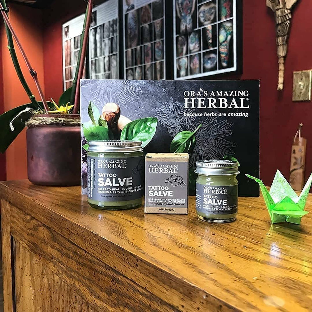 Ora's Amazing Herbal Tattoo Salve ingredients list highlighting natural botanicals