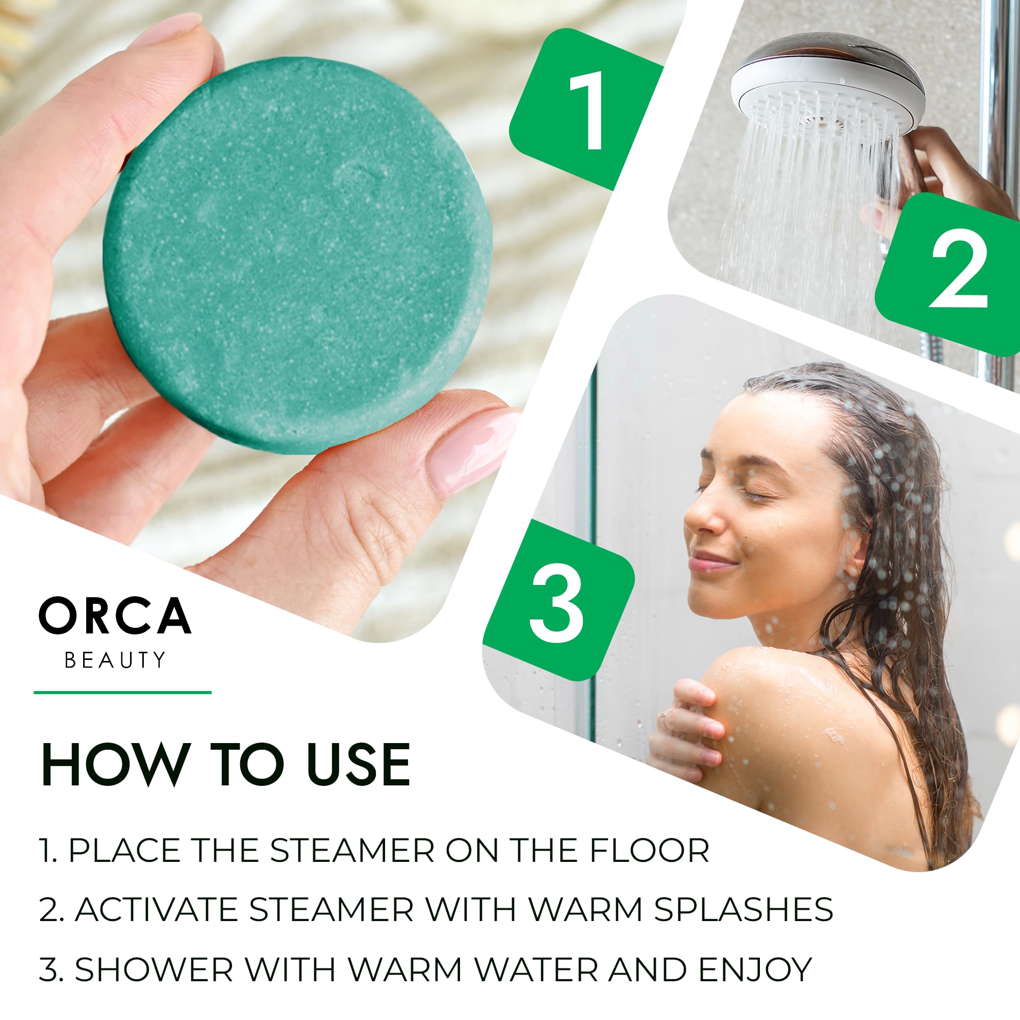 Activación en 3 pasos: Orca Beauty, tableta de ducha aromática.