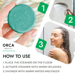 Activación en 3 pasos: Orca Beauty, tableta de ducha aromática.
