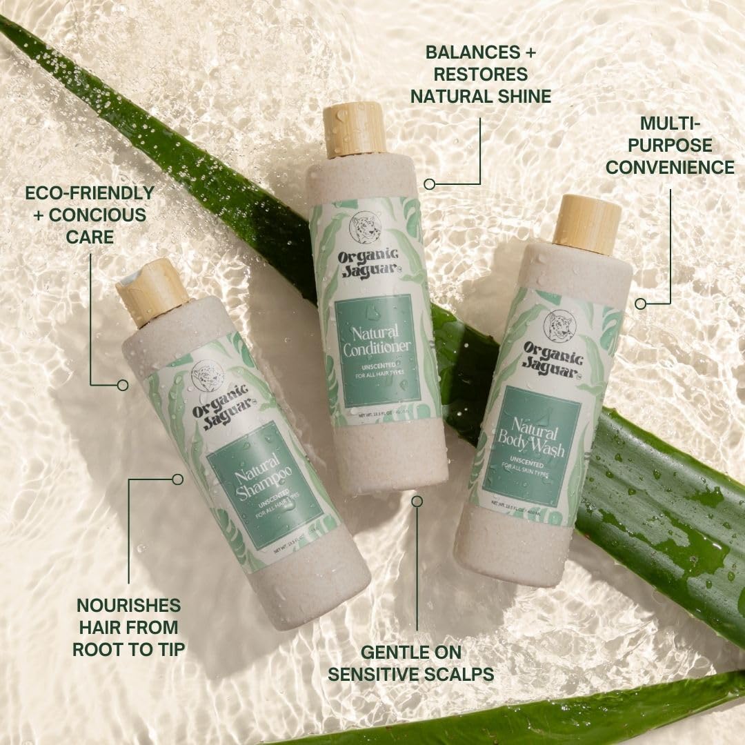 Hair care routine using Organic Jaguar conditioner for all hair types.