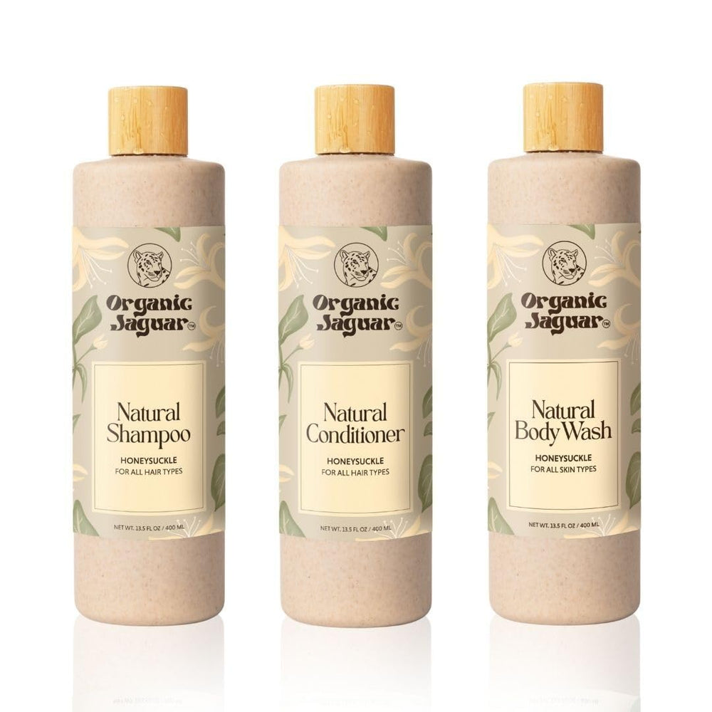 Organic Jaguar Honeysuckle Conditioner rinse moment with light, residue-free finish.