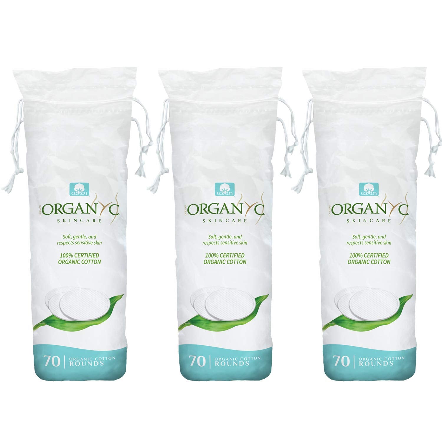 Organyc 100% organic cotton rounds for gentle facial cleansing and makeup removal.