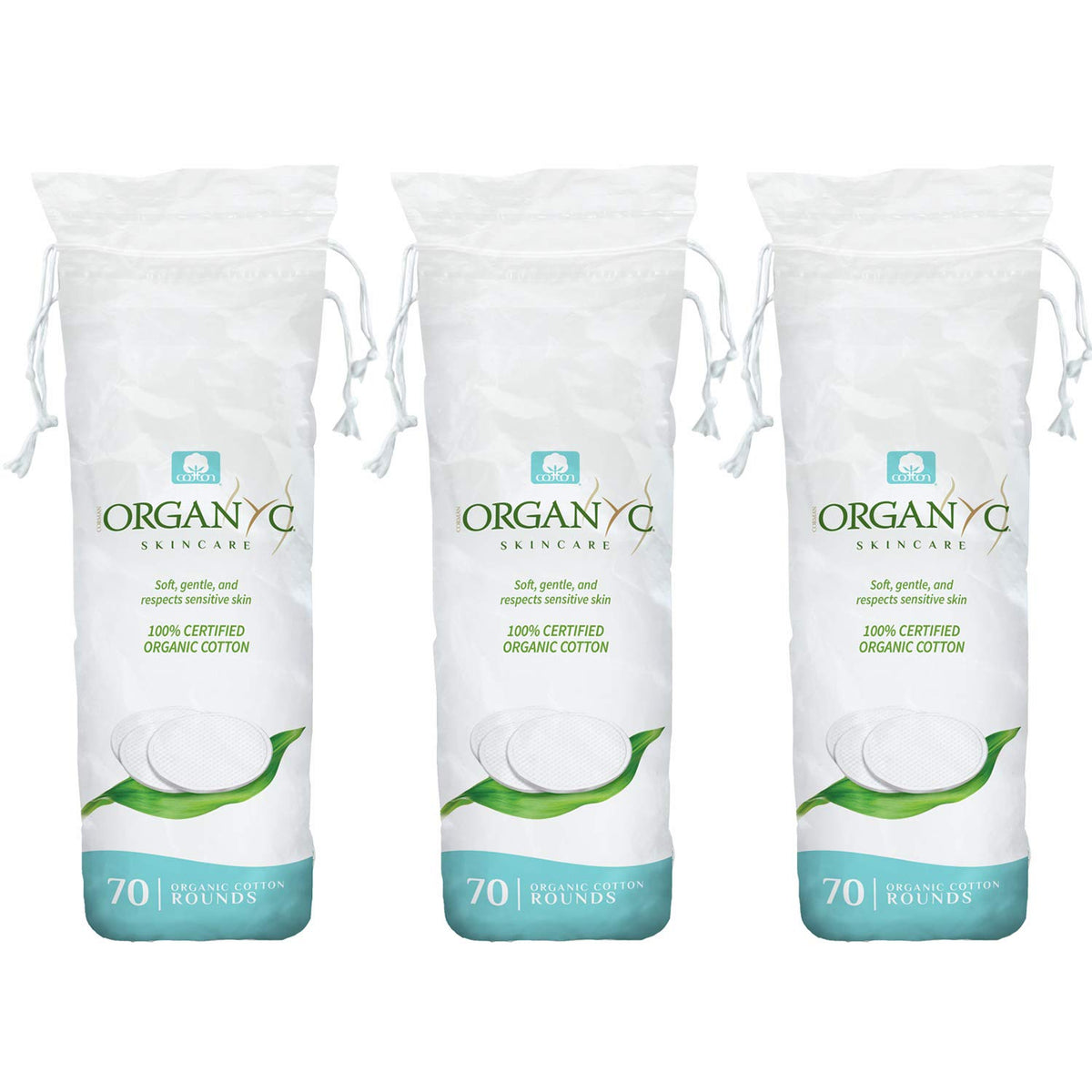 Organyc 100% organic cotton rounds for gentle facial cleansing and makeup removal.